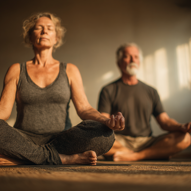 Adultos mayores disfrutando yoga en un ambiente tranquilo