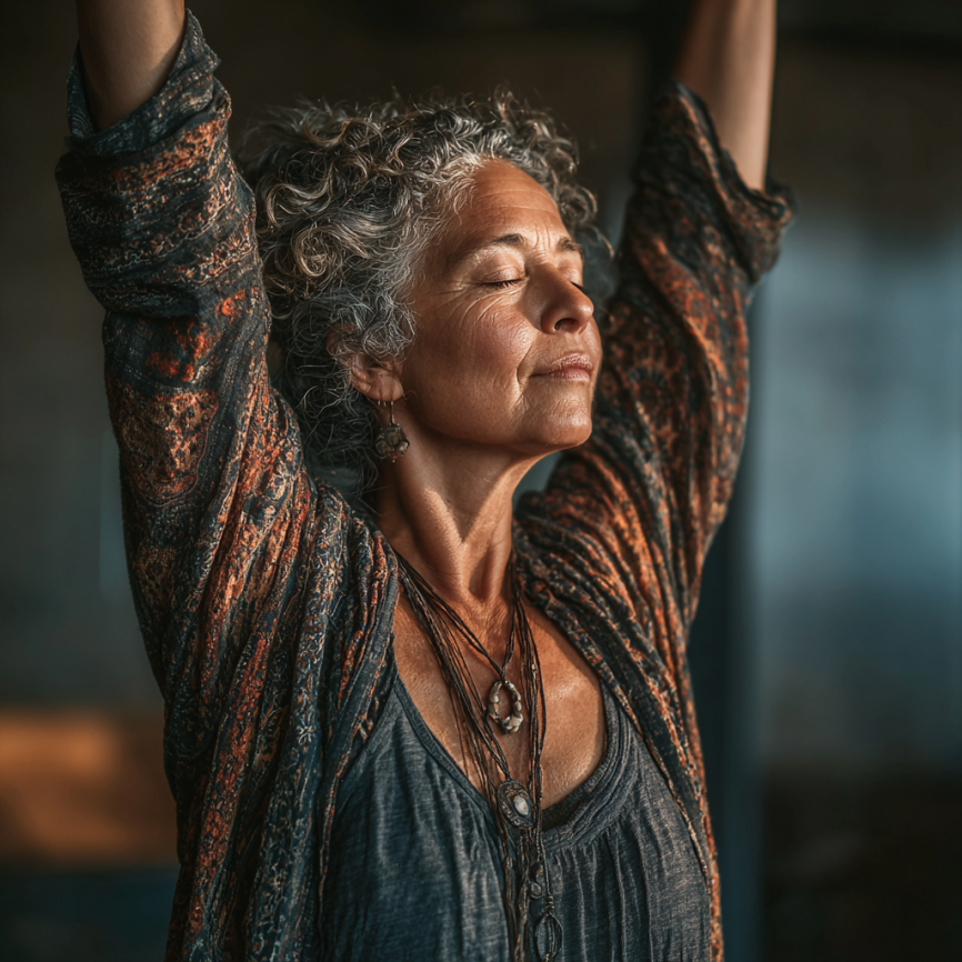 Instructor guiando a adultos mayores en sesión de yoga